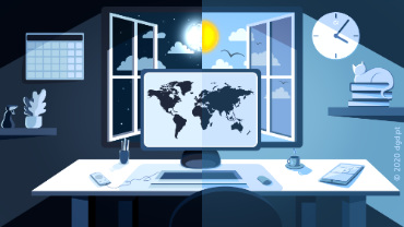 illustration homeoffice mit schreibtisch und laptop für fernarbeit und remote work bei tag und nacht
